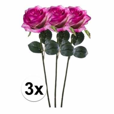 3 x kunstbloemen steelbloem paars/roze roos simone 45 cm