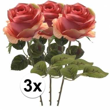 3x kunstbloemen steelbloem roze roos 45 cm
