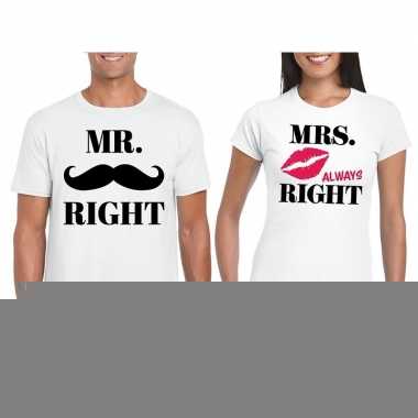 Bruiloft cadeau mr. right en mr. right mrs. always right t-shirt wit