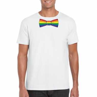 Gay pride shirt met regenboog vlinderstrikje wit heren