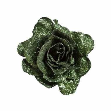Groene decoratie roos glitters op clip 10 cm