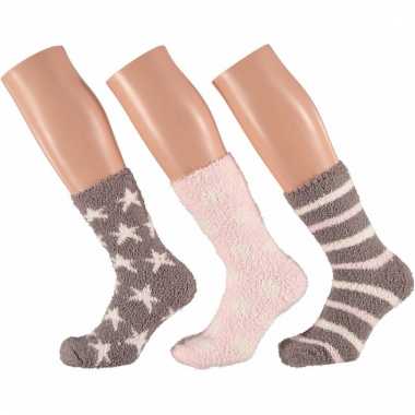 Huis/bank dames sokken roze/bruin met sterretjes 3 paar