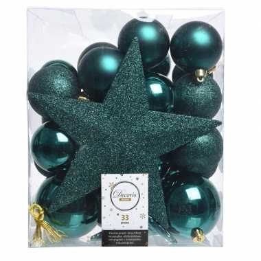 Luxe kerstballen pakket + piek smaragd kunststof 33 stuks