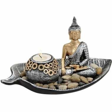 Zilver/goud boeddha beeldje met kaarshouder 25 cm