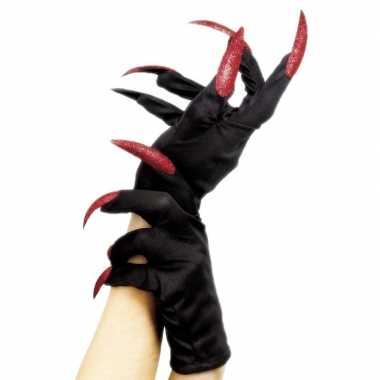 Zwarte horror/duivel handschoenen met nepnagels voor volwassenen