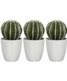 3x nep planten groene echinocactus bolcactus kunstplanten 28 cm met witte pot