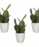 3x nep planten groene opuntia schijfcactus kunstplanten 28 cm met witte pot