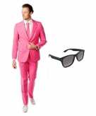 Carnavalskostuum roze heren pak 48 m met gratis zonnebril