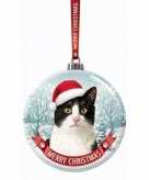 Glazen kerstbal kat poes zwart wit 7 cm