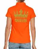Koningsdag polo t-shirt oranje met gouden glitter queen voor dames