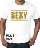 Wit t-shirt in grote maat heren met tekst sexy in gouden glitter letters