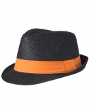 Zwart gevlochten hoedje met oranje band